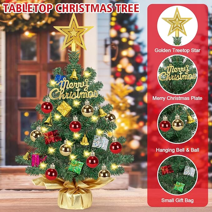 [ Timer & 8 Modes] 24 Inch Realistic Tabletop Christmas Tree with 50 Warm White Lights Star Treetop and Ornaments Small Small Artificial Christmas Tree for Indoor Home Table Christmas Decorations