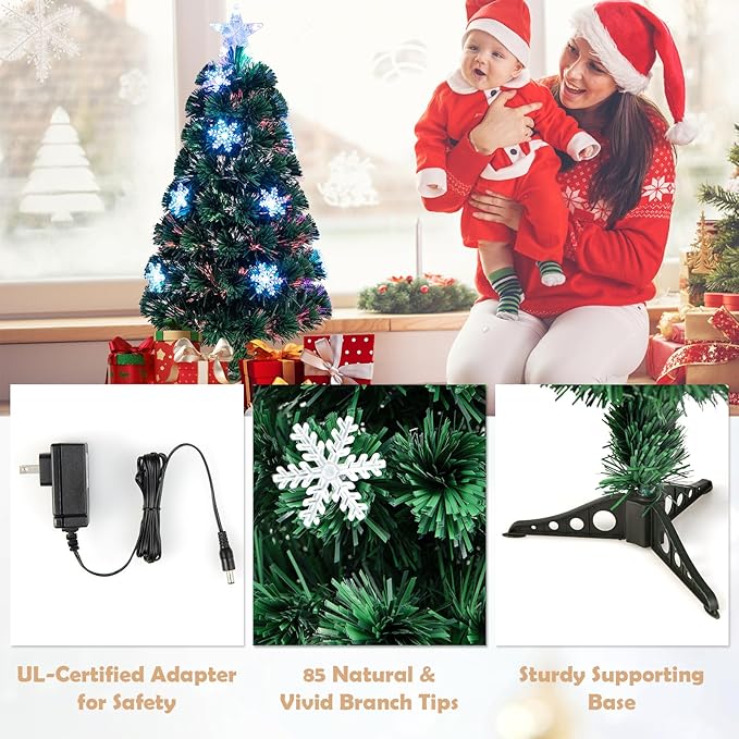 HAPPYGRILL 3FT Pre-lit Fiber Optic Christmas Tree Artificial Xmas Tree Green Christmas Tree with Star Lights, Metal Stand, Full Xmas Tree for Holiday Decoration