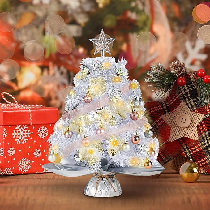 20" Mini White Christmas Tree, Artificial Mini Christmas Tree with Lights, Tabletop Christmas Tree with Star Treetop Snowflake Boxes and Ball Ornaments for DIY Christmas Decoration(White)