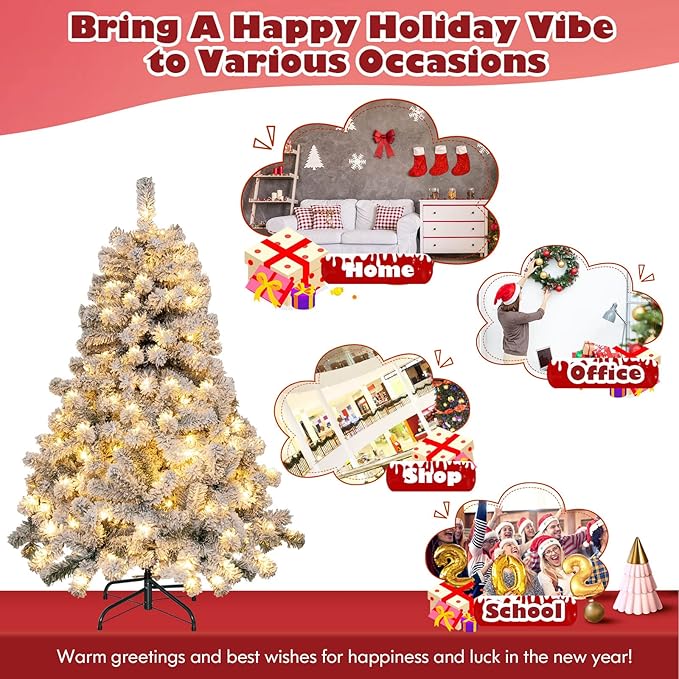 HAPPYGRILL 4.5 FT Pre-Lit Snow Flocked Christmas Tree, Artificial Hinged Xmas Tree with 150 LED Lights, 295 Branch Tips, PVC Leaves, Metal Stand, Xmas Holiday Decor for Office Home