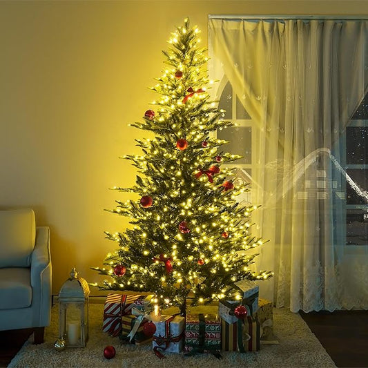 Naomi Home 7.5ft Nordic Christmas Tree with Lights, Realistic Charming Christmas Tree Prelit with 1266 Branch Tips, 700 Warm Lights and Metal Stand, Aritificial Xmas Tree