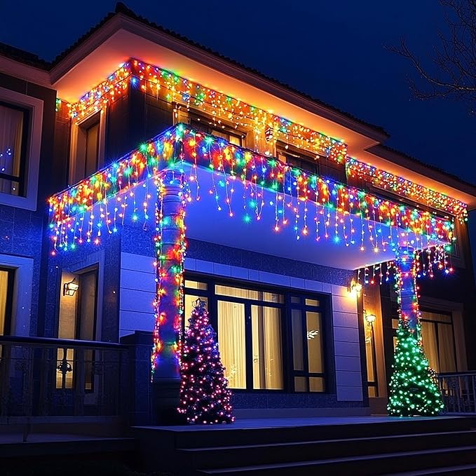 Dazzle Bright Christmas Icicle Lights, 88.5 FT 1080 LED 8 Modes Curtain Fairy Lights with 180 Drops, Xmas String Lights for Outdoor Holiday Wedding Party Decorations (Multi-Colored)