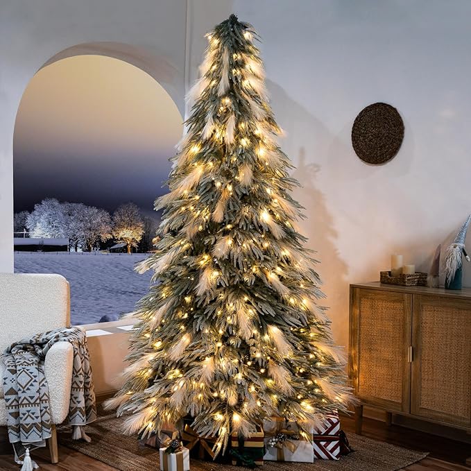 Makenna 6.5ft Snow Flocked Feathery Frosted Prelit Artificial Christmas Tree with 4958 Pampas Tips, 350 Warm Lights and Metal Stand, 40" Wide Realistic Snow Flocked Pine Christmas Tree with Lights