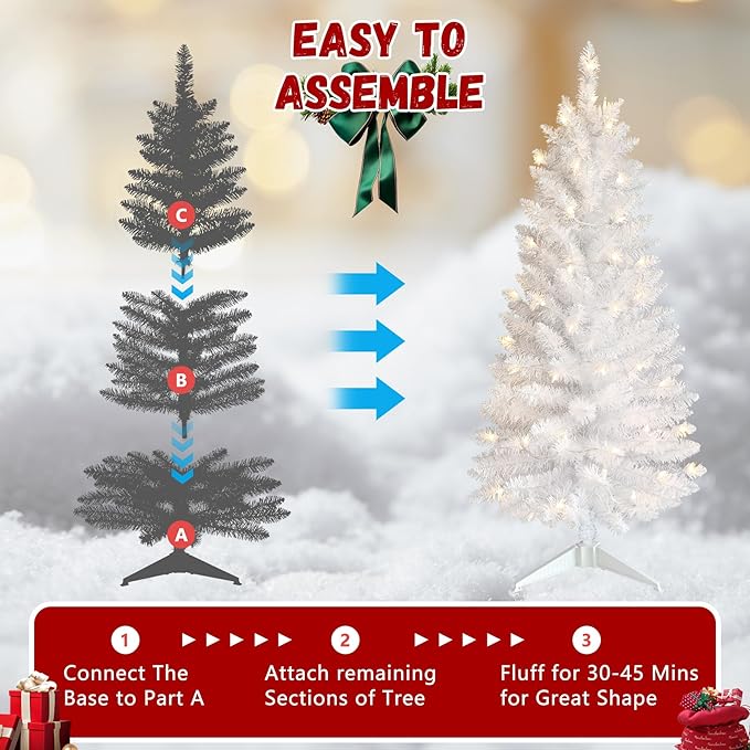 4ft Artificial Full White Christmas Tree with Separate Lights, Not Pre-lit Mini White Tinsel Pine Christmas Tree, 50 Lights, Small Xmas Tree for Home, Office, Party Decoration, Indoor