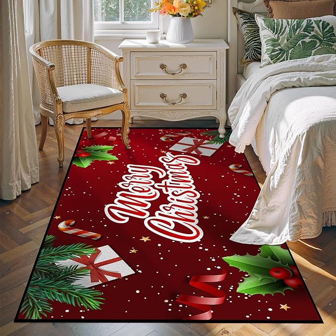 Christmas Rug Xmas Holiday Decorative Christmas Tree and Snowflake Pattern Welcome Mat for Home Decoration Non Slip Outdoor Indoor Entrance Floor Mat,71" X 47"
