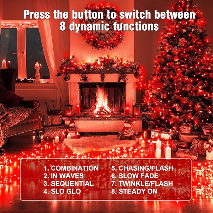 Nisocy 200 LED Red String Lights with Green Wire, Waterproof Christmas Tree Fairy Lights with 8 Modes, Indoor Outdoor Decorative Lighting for Holiday, Party, Garden, Patio(66FT)