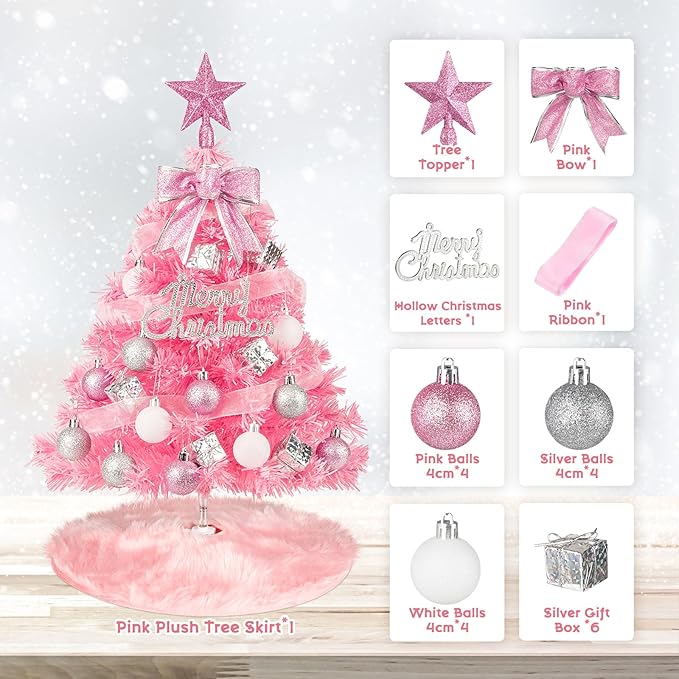 MACTING Mini Christmas Tree with 40 Lights, 2 FT Table Top Tree with Christmas Balls, Small Artificial Tree with Merry Christmas 8 Lighting Modes for Fireplace Desktop Home Indoor Xmas Decor(Pink)