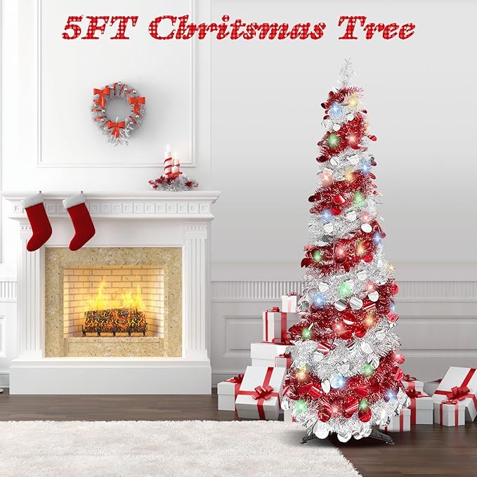 5 FT Pencil Christmas Tree, Collapsible Artificial Sequin Pop Up Christmas Tree, Skinny Pencil Tinsel Christmas Trees, Xmas Tree for Home Apartment Basement Fireplace (Red Silver)