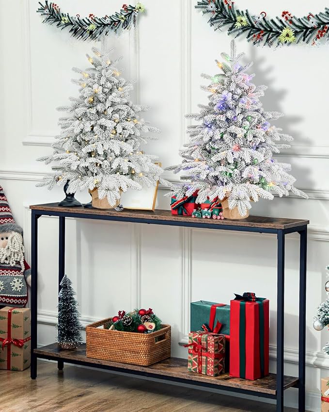 Prelit Flocked Christmas Tree, Artificial Small Christmas Tree with Led Lights, Frosted LED Xmas Tree with Snow (3FT-Lights)