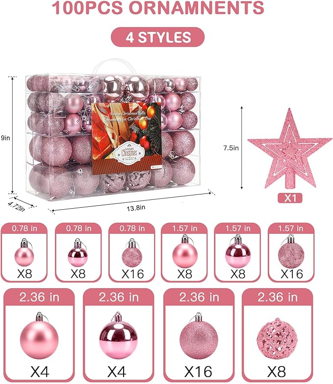 Aitsite 100 Pack Christmas Tree Ornaments Set Mini Shatterproof Holiday Ornaments Balls for Christmas Decorations (Pink)