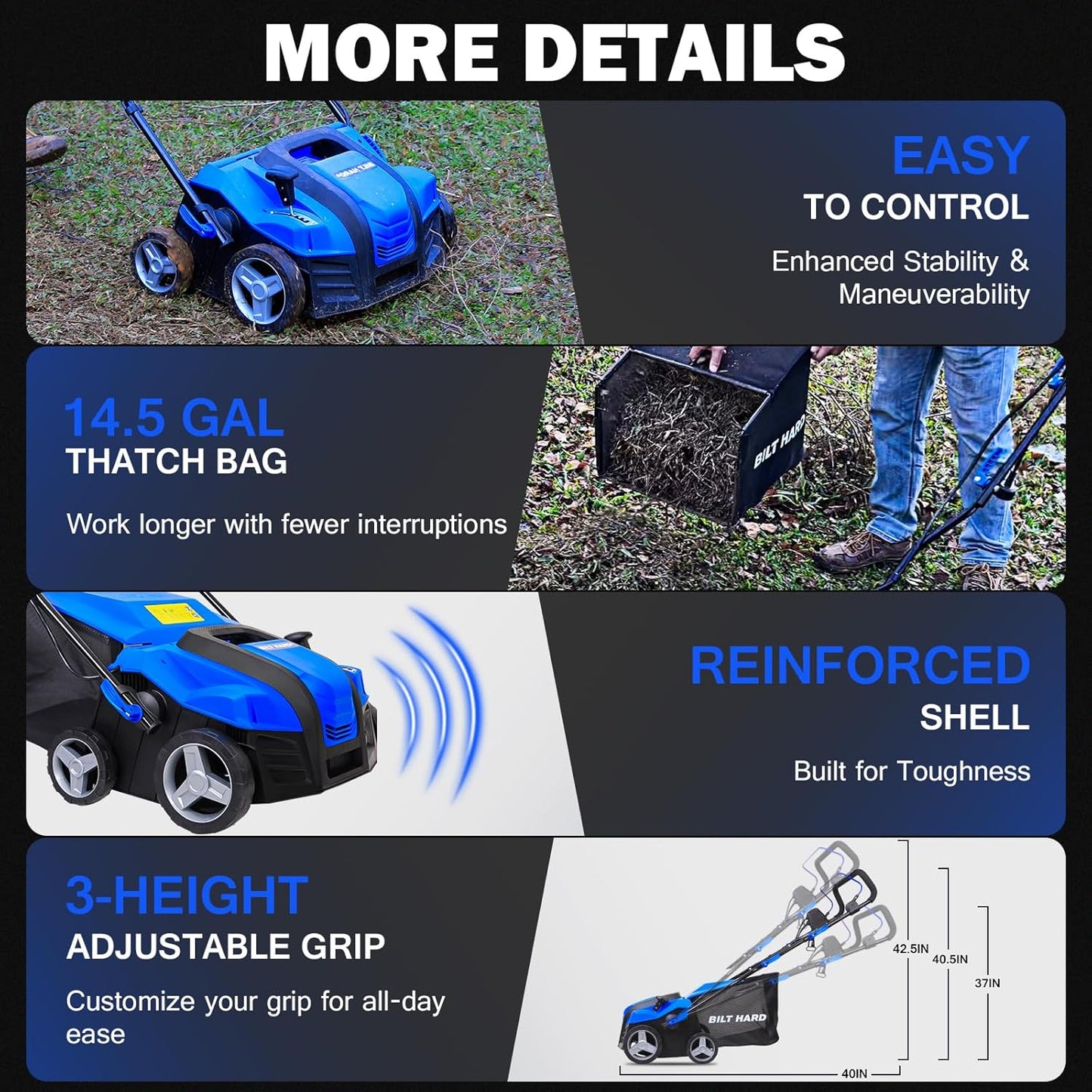 BILT HARD 16 Inch Dethatcher Scarifier Electric Powered, 15 Amp Copper Motor, 5-Position Depth Adjustment, 14.5 gal Thatch Bag, 2 in 1 Walk Behind Thatch Removing Machine for Lawn