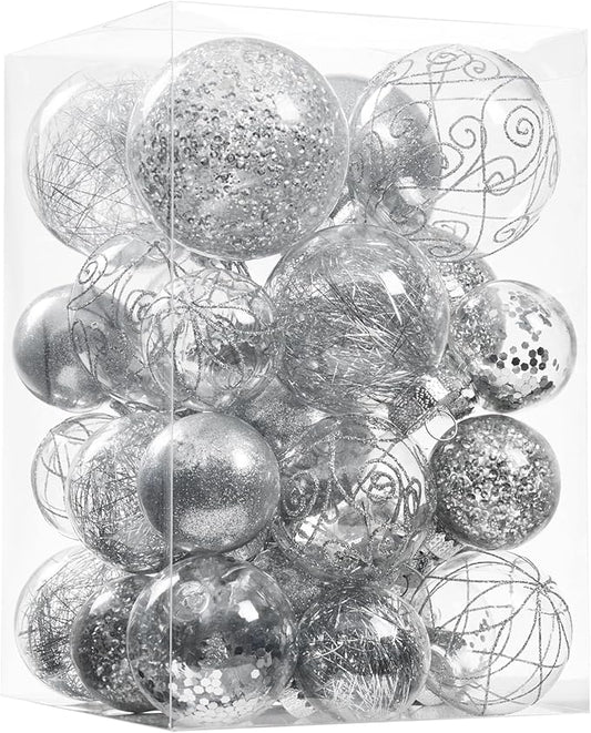 Wironlst Christmas Ball Ornaments Shatterproof Clear Large Plastic Hanging Ball Decorative Baubles Set with Stuffed Delicate Decorations (Multi-Size, Silver)