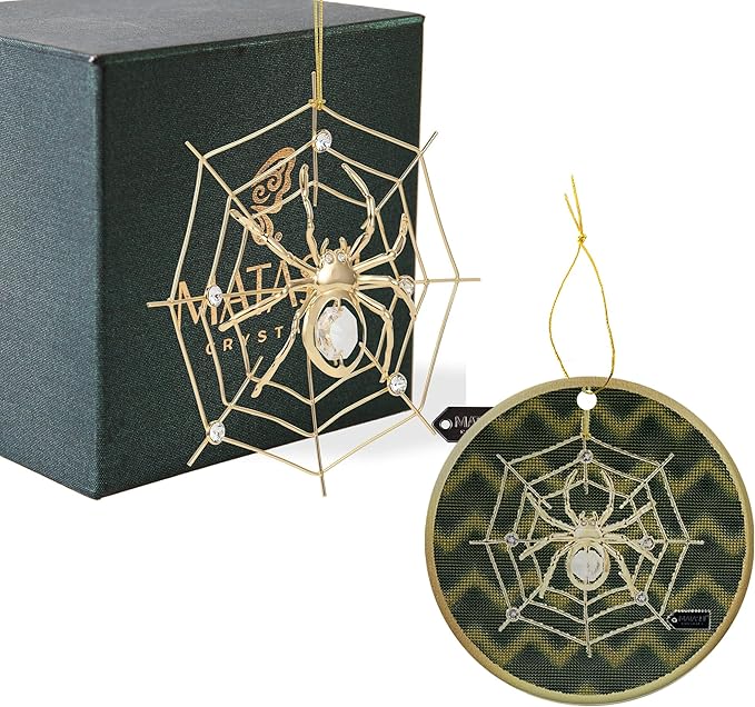 Spider Ornament Set of 2 – 24K Gold Plated Crystal-Studded Hanging Ornament & Multidimensional 5D Spider Ornament for Christmas Tree Decor by Matashi