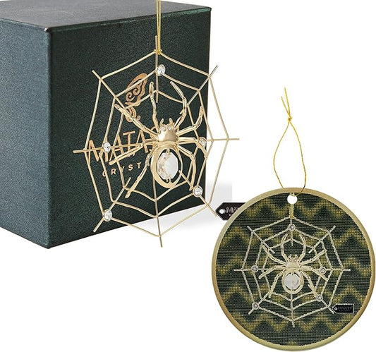 Spider Ornament Set of 2 – 24K Gold Plated Crystal-Studded Hanging Ornament & Multidimensional 5D Spider Ornament for Christmas Tree Decor by Matashi