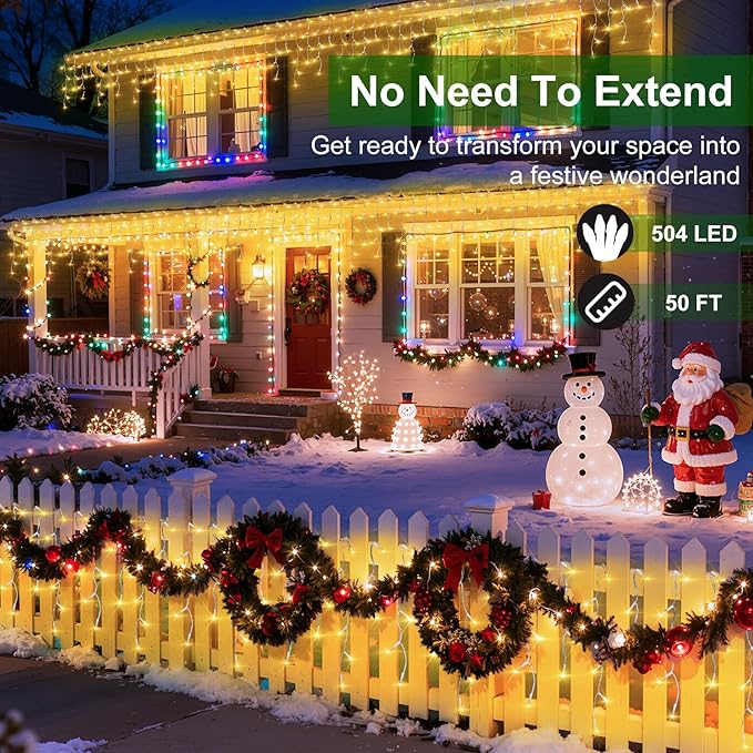 504 LED Christmas Lights with 112Drops, 50ft 12 Modes Warm White Fairy String Lights with Timer Dimmable, Waterproof Twinkle Lights for Indoor Outdoor Holiday Wedding Party Eaves Yard Christmas Decor