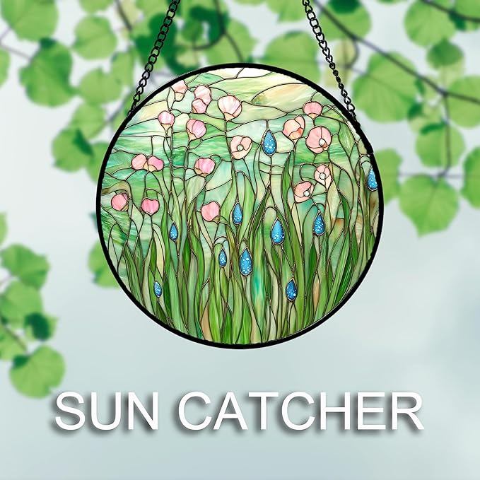 Stained Glass Window Hanging 4 Pcs Set Pink Green Spring Saplings Flowers 9.8" - Suncatcher Door Garden Sun Catcher Home Decor Mother's Day for Woman Nana Mom Men