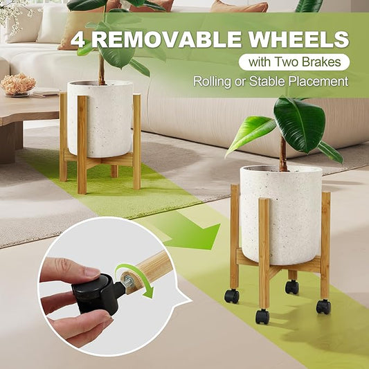 Adjustable Plant Stand Indoor with Detachable Wheels Bamboo Mid Century Modern Plants Stands Expandable Plug in Assemble Flower Pot Stand,Fit 9.25" to 11.61", Natural