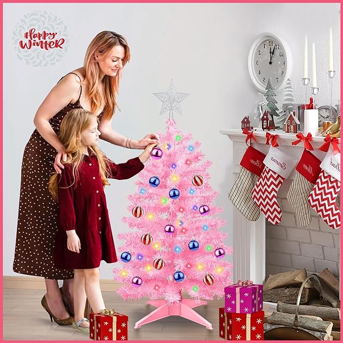 3FT Pink Christmas Tree Tinsel with 50 Warm White & Multi Color Fariy Light 3D Star 15 Ball Ornament, 12 Light Modes Timer Battery Operated Small Artificial Full Xmas Tree Table Indoor Holiday Decor