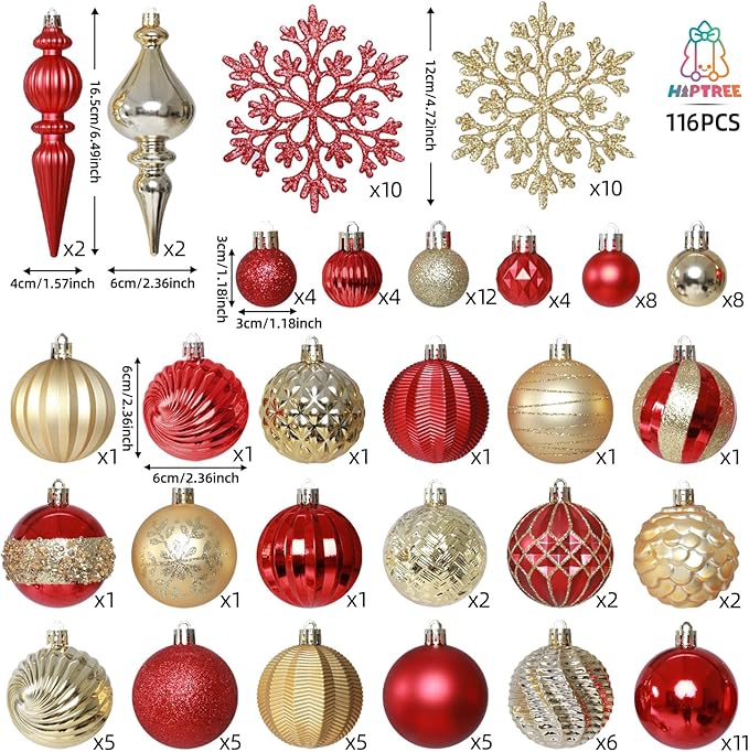 Christmas Tree Ornaments Decorations Set-116ct 1.18-6.5 Inch Assorted Red Gold Shatterproof Decorative Hanging Christmas Ball Ornaments Bulk,Xmas Tree Tabletop Decorations for Holiday Decor