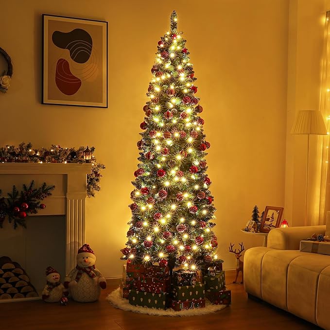 Homde Pencil Christmas Tree 7 Foot Pre-Lit Artificial Christmas Tree with Flocked Snow Pine Cone 210 Warm White Light Holiday Decor