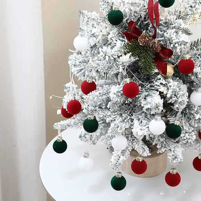 Sea Team 64-Pack Miniature Flocked Velvet Christmas Tree Ball Ornaments Set, Hanging Velour Baubles, Shatterproof Plastic Decorations for Xmas Tree, Wreath, Garland, 30mm/1.18 Inches, Elf