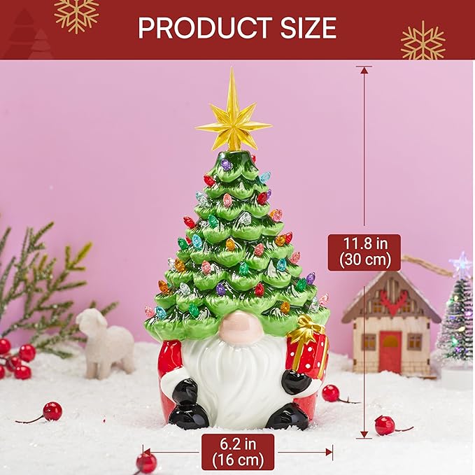 JOIEDOMI 12” Gnome Ceramic Tree, Light up Tabletop Xmas Decor with 60 LED Lights, Ceramic Tree with Christmas Themed Design, Xmas Holiday Indoor Office Table Fireplace Decoration