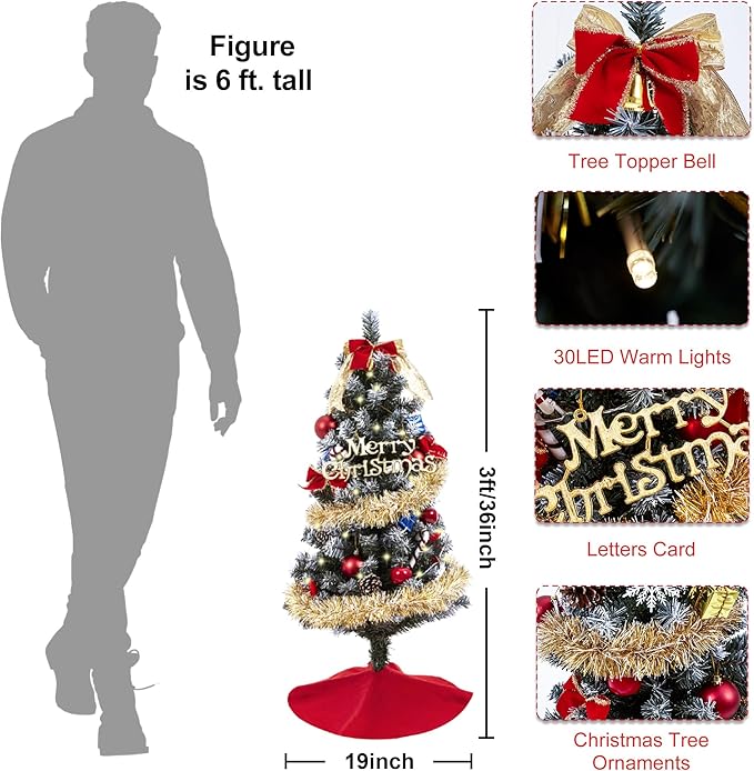 3ft Christmas Tree with Lights, Christmas 36inch Small Artificial Tabletop Tree, Xmas Desk Mini Tree with 50 LED Lights, Hanging Ornaments Decorations, Holiday Tree for Home Decor, Indoor, Office