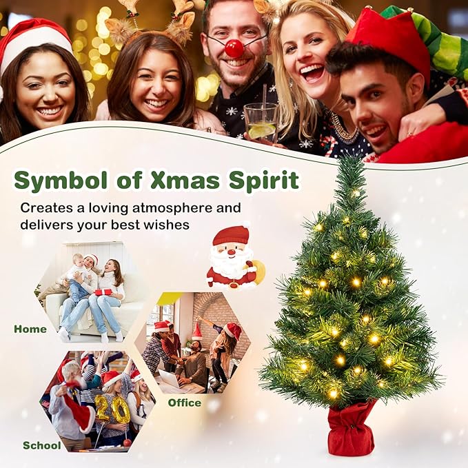 HAPPYGRILL 2FT Small Prelit Christmas Tree, Mini Tabletop Battery Operated Artificial Xmas Tree w/35 LED Lights, 71 Tips & Solid Cement Base, Christmas Spruce Fir Decoration for Fireplace Home Office