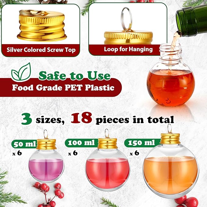 Patelai 18 Pcs Christmas Drink Balls Clear Shot Glass Ornaments Xmas Tree Fillable Ornaments Plastic Xmas Water Bottle Bulbs for Holiday Party Decorations(Round,50,100,150 ml)