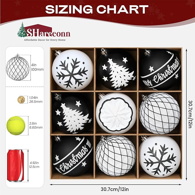 SHareconn 100MM/4 Inch 9PCS Large Christmas Balls Ornaments, Shatterproof Plastic Hanging Big Baubles Set for Xmas Tree Decoration Holiday Party Wedding Decorations with Hook,Black and White