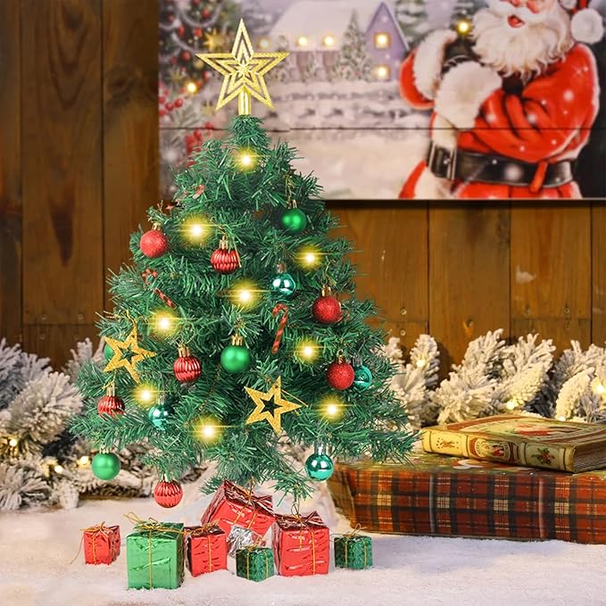 XmasExp 20in Mini Christmas Tree with Lights Green Small Christmas Tree Artificial Tabletop Xmas Decor Holiday Decoration for Home, Office, Party