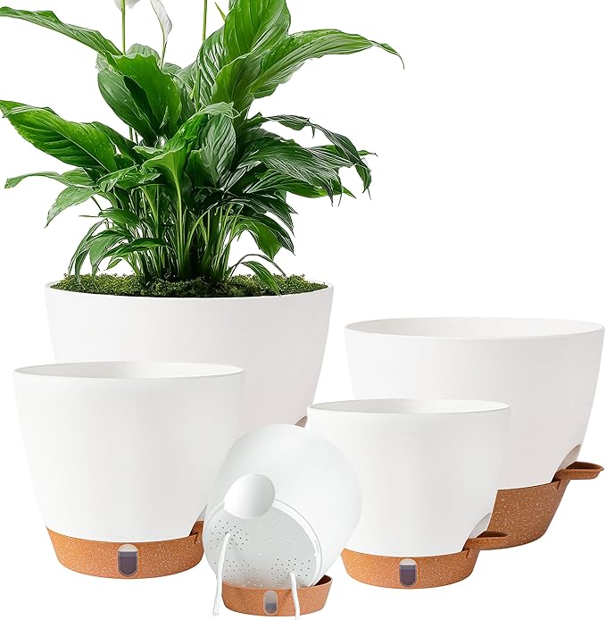 Self Watering Pots for Inoor Ourdoor Plants 10/9/8/7/6.5 Inch Plastic Planters with Drainage Holes & Water Level Indicator, Decorative House Flower Nursery Planting Pots with Saucers ((White)