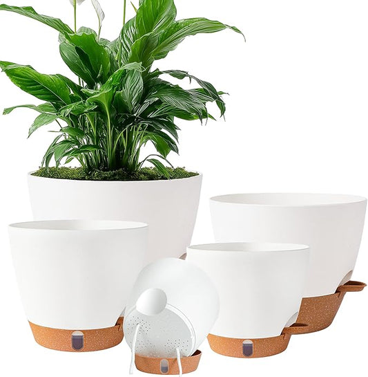 Self Watering Pots for Inoor Ourdoor Plants 10/9/8/7/6.5 Inch Plastic Planters with Drainage Holes & Water Level Indicator, Decorative House Flower Nursery Planting Pots with Saucers ((White)