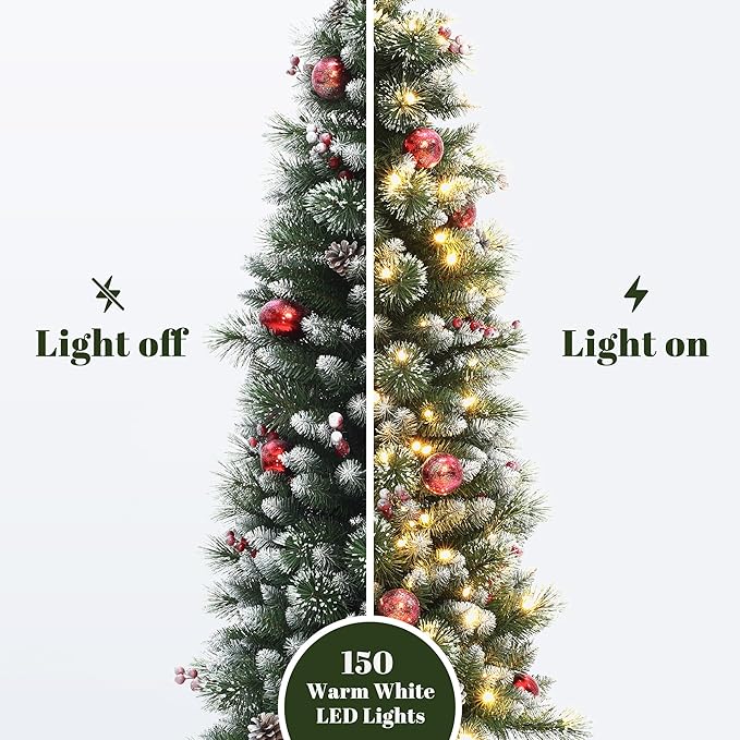 LuxenHome 5FT Potted Christmas Tree with Ornaments, Pre-Decorated Small Flocked Artificial Christmas Trees Prelit with 150 LED Lights, Pencil Xmas Tree with Pot for Indoor, Outdoor