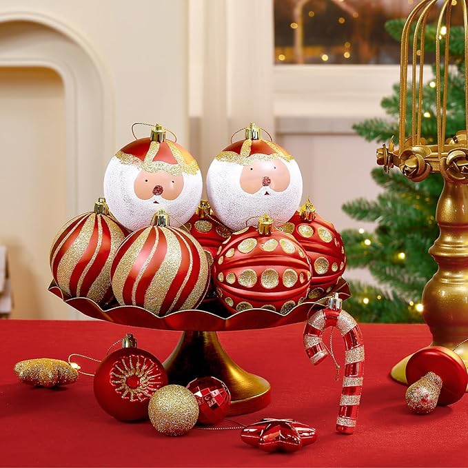 SHareconn 80ct Christmas Balls Ornaments Set, Shatterproof Plastic Colorful Xmas Decorative, Baubles for Tree Decorations with Hanging Strings, Red & Gold