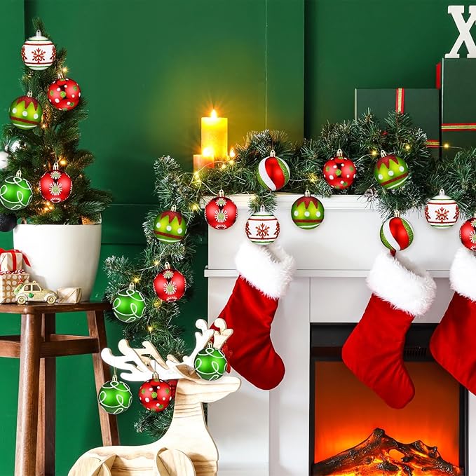 Leyndo 30 Pcs Christmas Ball Ornaments 2.4 Inch Lime Green Red White Whimsical Christmas Tree Decorations Glitter Elf Polka Dot Stripes Swirl Peppermint Candy Cane Xmas Bulbs for Tree(Classic Style)