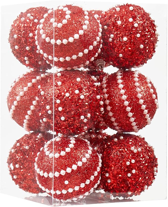 Red Christmas Ball Ornaments,12ct Christmas Tree Shatterproof Plastic Hanging Sequin Xmas Balls for Festivals Holiday Party Decorations(70mm/2.76")