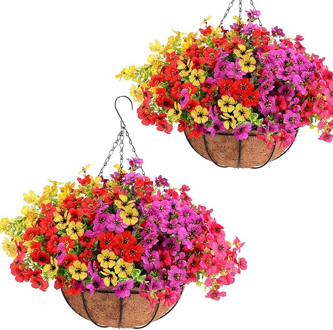 Geegoods 2 Set Artificial Hanging Plants Flowers Basket for Outdoor, Fake Faux UV Sun Resistant Look Real Colorful Violet Hanging Flowers for Spring Summer Porch Home Patio Balcony Yard