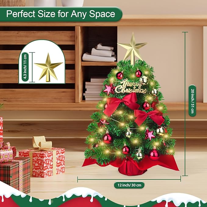 Mini Christmas Tree, Small Christmas Little Tree, Table top Tree 20”,Miniature Pine Artificial Xmas Tree with Ball Star Bowknot Ornaments for Holiday Season Desk Decoration Centerpiece