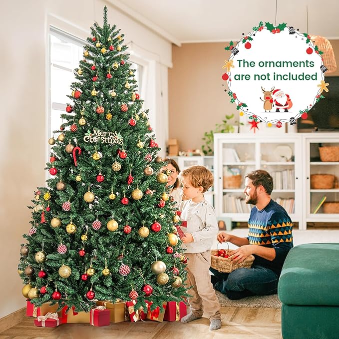 HAPPYGRILL 7.5FT Artificial Xmas Tree, Hinged Fake Xmas Tree with 2254 PVC Branch Tips, Foldable Metal Stand, A Pair of Gloves, Seasonal Decoration Tree for Home Office Party Festival