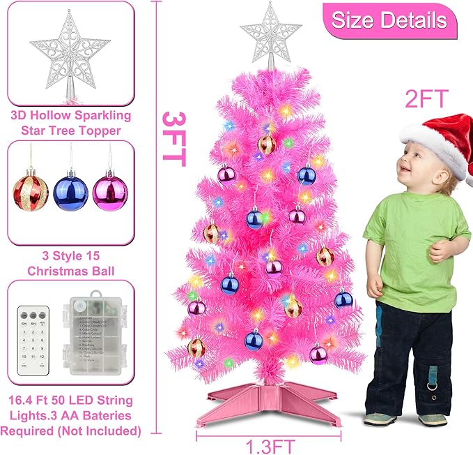 3 Feet Pink Tinsel Christmas Tree 12 Modes Dual Color Change Timer DIY 50 Warm White & Multicolor Lights Star 15 Ball Ornaments Battery Operated Small Artificial Full Xmas Tree Table Home Indoor