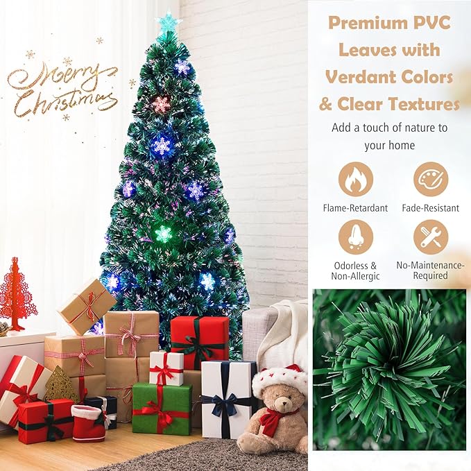 Goplus 6ft Pre-Lit Fiber Optic Christmas Tree, Artificial Xmas Full Tree with Colorful Snowflake LED Lights, 220 Branch Tips, Foldable Metal Base, for Office Home Holiday Decor