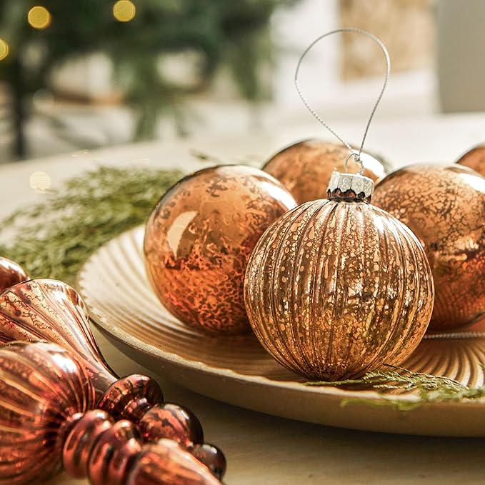 DN DECONATION Mercury Glass Christmas Ornaments, 10pcs Vintage Brown Glass Hanging Balls Finial with Different Shapes for Xmas Tree Decor,Luxury Christmas Baubles for Neutral Holiday Winter Decoration