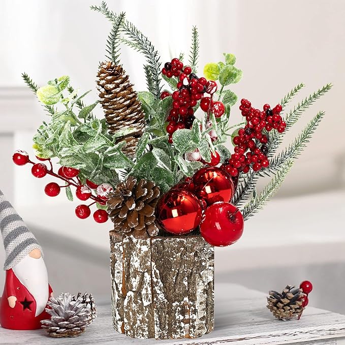 Small Christmas Tree for Tabletop, Artificial Mini Christmas Tree Decorations with Red Berry Pine Cone Pine Picks, Xmas Ornaments Indoor Home Holiday Decor (1 Pack)
