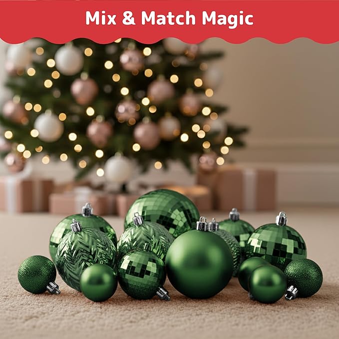 Prextex Christmas Tree Ornaments - Emerald Green Christmas Ball Ornaments Set for Christmas, Holiday, Wreath & Party Decorations (36 pcs - Small, Medium, Large) Shatterproof, 3 Size Combo