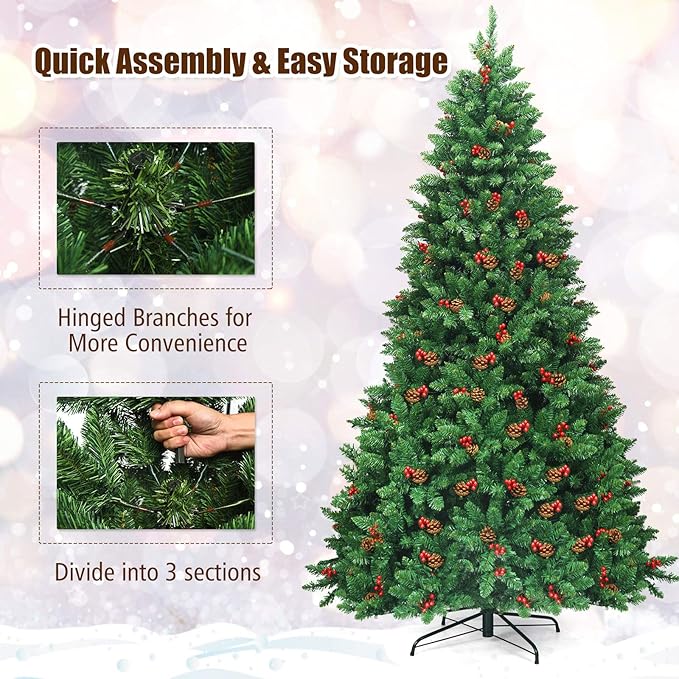 GOFLAME 7.5FT Pre-Lit Christmas Tree with 1526 Branch Tips, Premium PVC Needles, Hinged Artificial Christmas Tree w/Sturdy Metal Stand, Pine Cones and Red Berries for Home, Office, Shops and Hotels