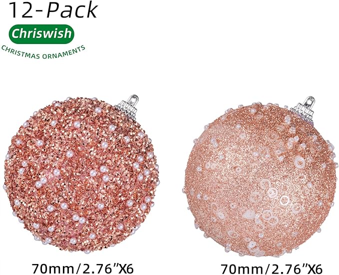 12CT Christmas Ball Ornaments, Rose Gold Christmas Ball Decorations Shatterproof Plastic Hanging Pearl Balls for Holiday Party(70mm/2.76")