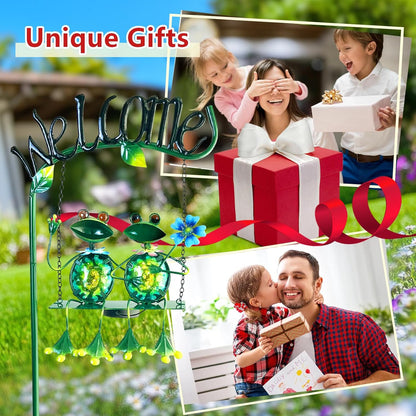 HONGLAND Outdoor Garden Solar Lights,Frog Swing Garden Decor,Frog Decorative Stake with Welcome Sign for Landscape Patio Yard (48 inch)