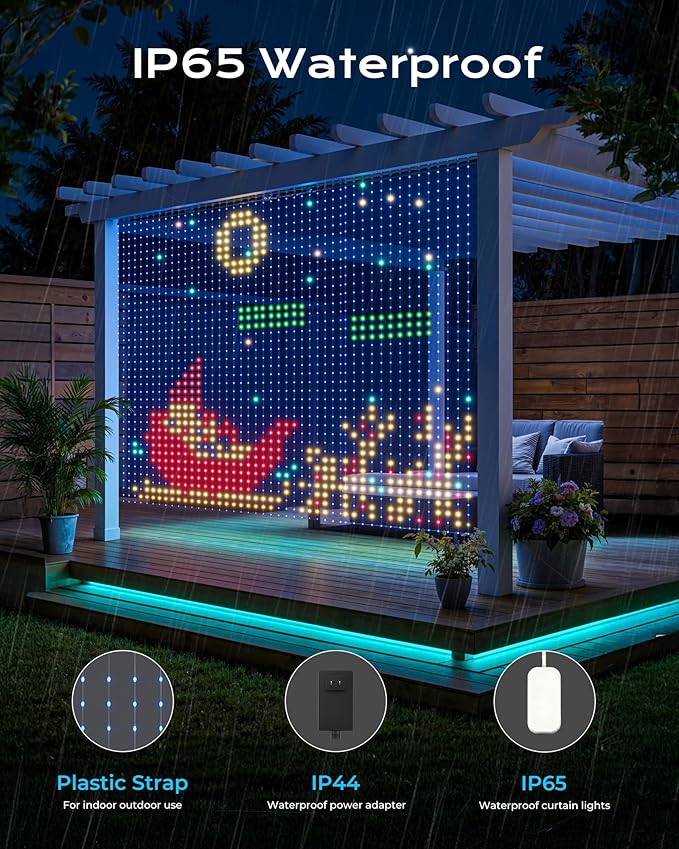 1040 RGBIC LEDs Smart Curtain Lights with DIY GIF, 9.8x6.6ft Color Changing Christmas Wall Lights with APP, IP65 Waterproof String Fairy Lights for Indoor Outdoor Bedroom Window Garage