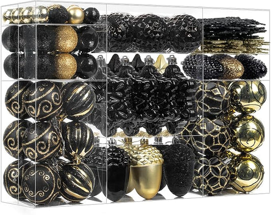 Black & Gold 110Pcs Christmas Ball Ornaments Set, Assorted Christmas Ornaments for Xmas Tree, Shatterproof Plastic Baubles Hanging Decorations for Holiday/Party/Wedding